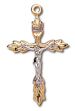 Women's 14kt Gold Over Sterling Silver Two-tone Wheat Sheaf Tip Crucifix + 18 Inch Gold Plated Brass Chain - Gold-tone