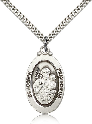 St. Joseph Medal, Sterling Silver - 24&quot; 2.4mm Rhodium Plate Endless Chain