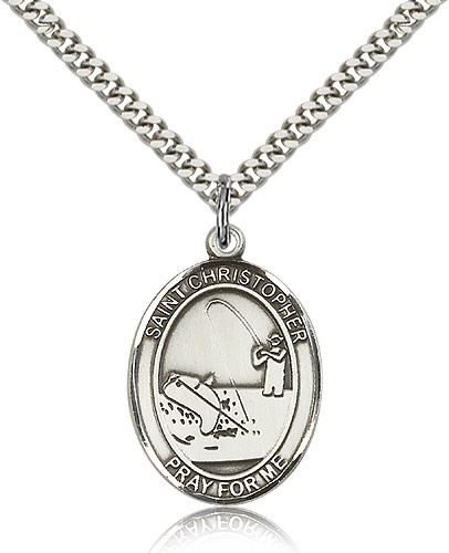 St. Christopher Fishing Medal, Sterling Silver, Large - 24&quot; 2.4mm Rhodium Plate Chain + Clasp