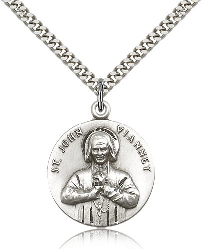 St. John Vianney Medal, Sterling Silver - 24&quot; 2.4mm Rhodium Plate Endless Chain