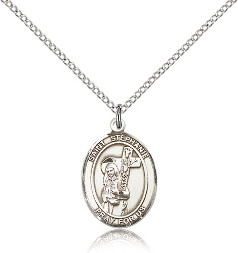 St. Stephanie Medal, Sterling Silver, Medium - 18&quot; 1.2mm Sterling Silver Chain + Clasp