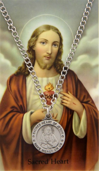 Round Sacred Heart Medal and Prayer Card Set - Silver-tone