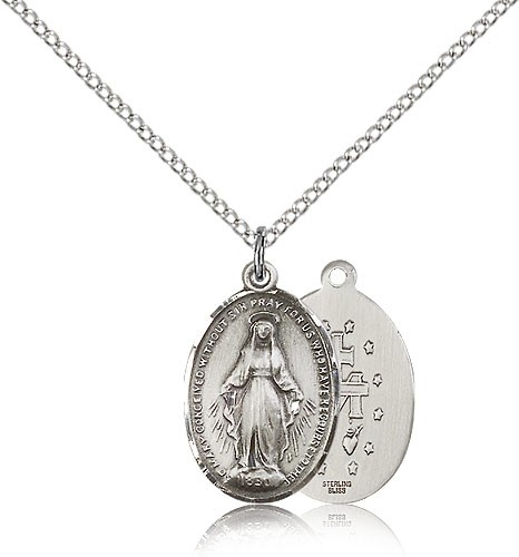 Miraculous Medal, Sterling Silver - 18&quot; 1.2mm Sterling Silver Chain + Clasp