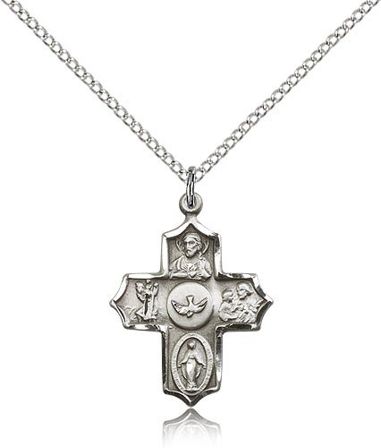 5 Way Cross Pendant, Sterling Silver - 18&quot; 1.2mm Sterling Silver Chain + Clasp