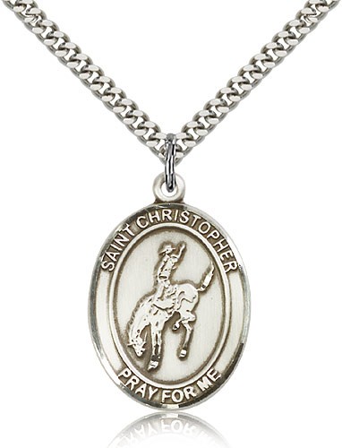 St. Christopher Rodeo Medal, Sterling Silver, Large - 24&quot; 2.4mm Rhodium Plate Chain + Clasp