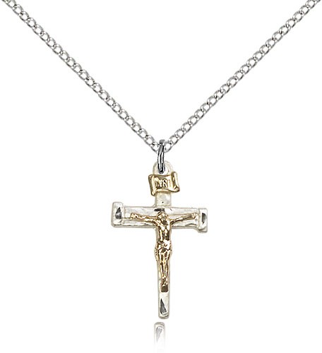 Nail Crucifix Pendant, Two-Tone - 18&quot; 1.2mm Sterling Silver Chain + Clasp