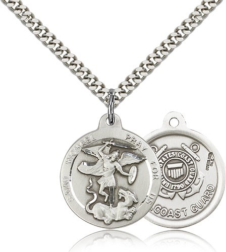 St. Michael Coast Guard Medal, Sterling Silver - 24&quot; 2.4mm Rhodium Plate Endless Chain