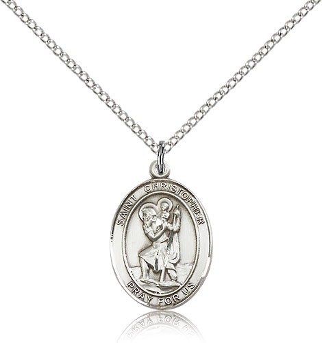 St. Christopher Medal, Sterling Silver, Medium - 18&quot; 1.2mm Sterling Silver Chain + Clasp