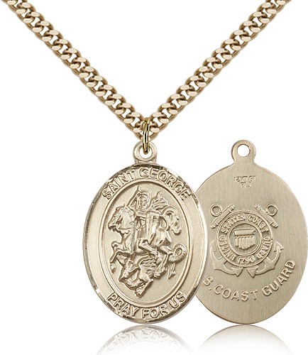 St. George Coast Guard Medal, Gold Filled, Large - 24&quot; 2.4mm Gold Plated Chain + Clasp