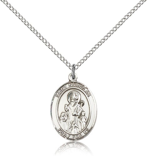 St. Nicholas Medal, Sterling Silver, Medium - 18&quot; 1.2mm Sterling Silver Chain + Clasp