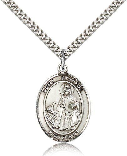 St. Dymphna Medal, Sterling Silver, Large - 24&quot; 2.4mm Rhodium Plate Chain + Clasp