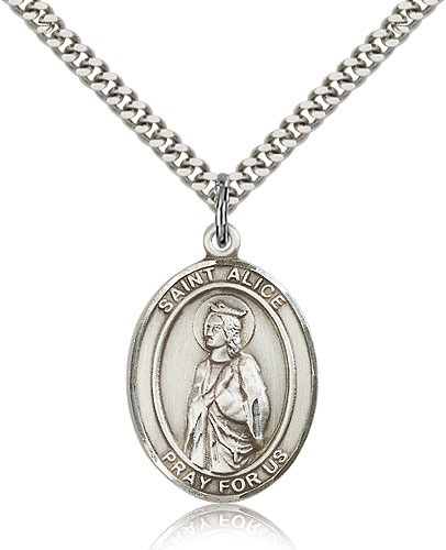 St. Alice Medal, Sterling Silver, Large - 24&quot; 2.4mm Rhodium Plate Chain + Clasp