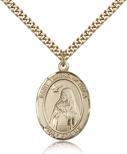 St. Teresa of Avila Medal, Gold Filled, Large - 24&quot; 2.4mm Gold Plated Chain + Clasp