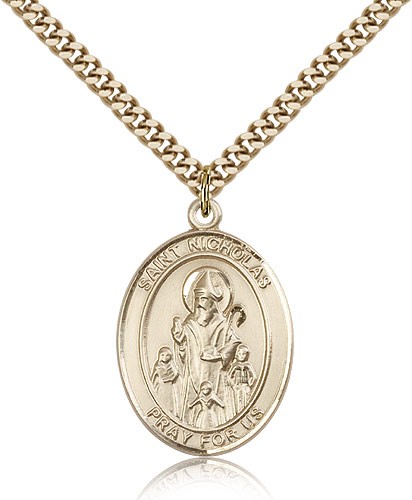 St. Nicholas Medal, Gold Filled, Large - 24&quot; 2.4mm Gold Plated Chain + Clasp