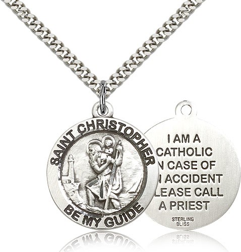 St. Christopher Medal, Sterling Silver - 24&quot; 2.4mm Rhodium Plate Endless Chain