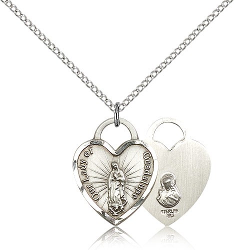 Our Lady of Guadalupe Heart Medal, Sterling Silver - 18&quot; 1.2mm Sterling Silver Chain + Clasp