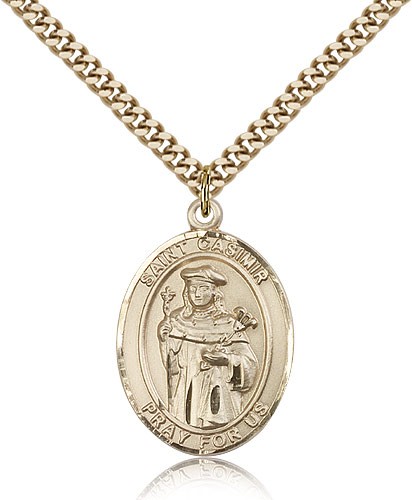 St. Casimir of Poland Medal, Gold Filled, Large - 24&quot; 2.4mm Gold Plated Chain + Clasp