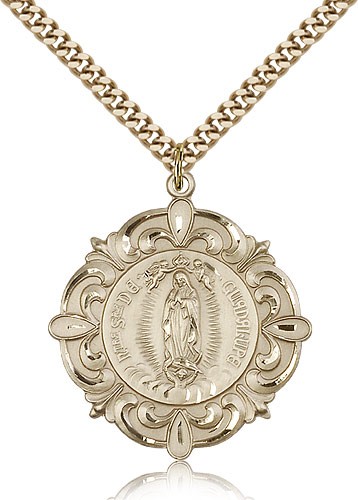 Our Lady of Guadalupe Medal, Gold Filled - 24&quot; 2.4mm Gold Plated Endless Chain