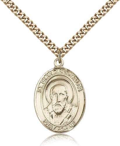 St. Francis De Sales Medal, Gold Filled, Large - 24&quot; 2.4mm Gold Plated Chain + Clasp