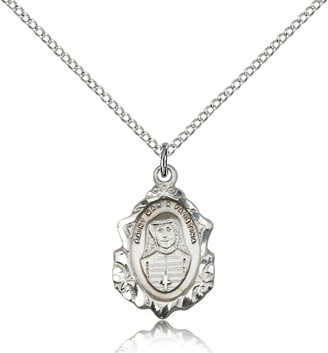 Maria Faustina Medal, Sterling Silver - 18&quot; 1.2mm Sterling Silver Chain + Clasp