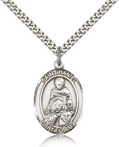 St. Daniel Medal, Sterling Silver, Large - 24&quot; 2.4mm Rhodium Plate Chain + Clasp