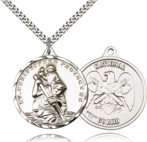 St. Christopher National Guard Medal, Sterling Silver - 24&quot; 2.4mm Rhodium Plate Endless Chain