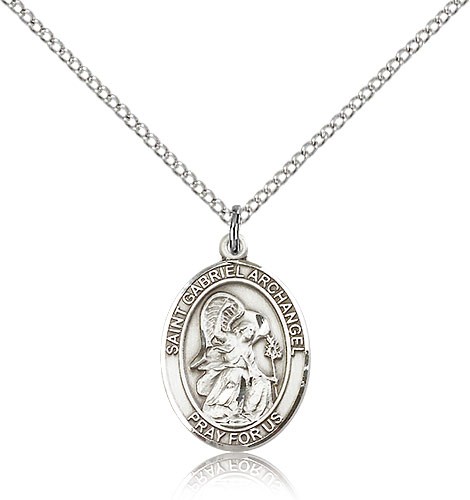 St. Gabriel the Archangel Medal, Sterling Silver, Medium - 18&quot; 1.2mm Sterling Silver Chain + Clasp