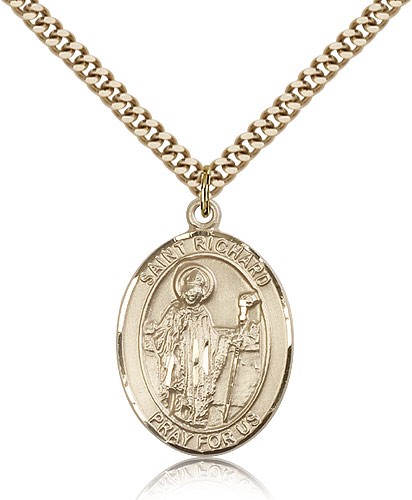 St. Richard Medal, Gold Filled, Large - 24&quot; 2.4mm Gold Plated Chain + Clasp