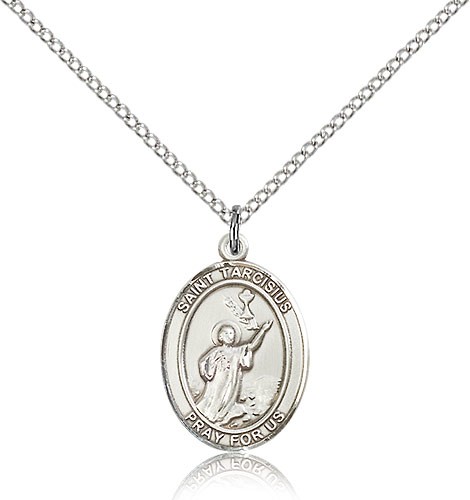St. Tarcisius Medal, Sterling Silver, Medium - 18&quot; 1.2mm Sterling Silver Chain + Clasp