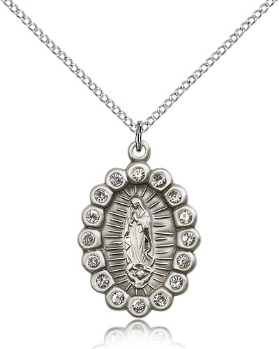 Our Lady of Guadalupe Medal, Sterling Silver - 18&quot; 1.2mm Sterling Silver Chain + Clasp