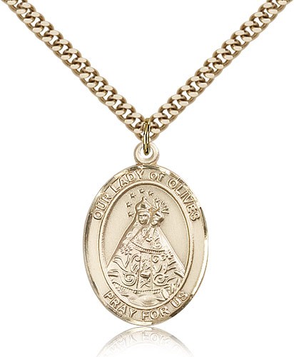 Our Lady of Olives Medal, Gold Filled, Large - 24&quot; 2.4mm Gold Plated Chain + Clasp