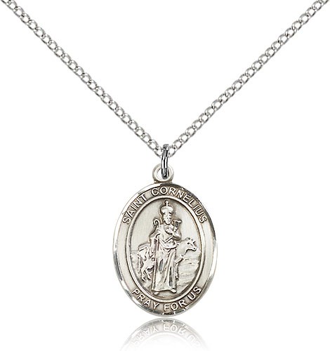 St. Cornelius Medal, Sterling Silver, Medium - 18&quot; 1.2mm Sterling Silver Chain + Clasp