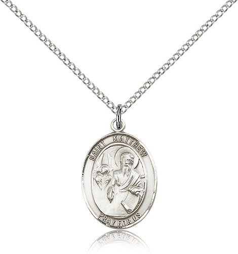 St. Matthew the Apostle Medal, Sterling Silver, Medium - 18&quot; 1.2mm Sterling Silver Chain + Clasp
