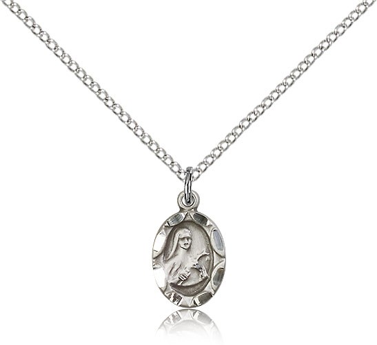 St. Theresa Medal, Sterling Silver - 18&quot; 1.2mm Sterling Silver Chain + Clasp