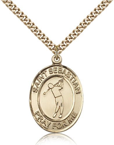 St. Sebastian Golf Medal, Gold Filled, Large - 24&quot; 2.4mm Gold Plated Chain + Clasp