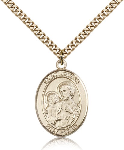 St. Joseph Medal, Gold Filled, Large - 24&quot; 2.4mm Gold Plated Chain + Clasp