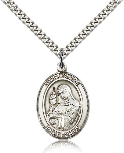 St. Clare of Assisi Medal, Sterling Silver, Large - 24&quot; 2.4mm Rhodium Plate Chain + Clasp