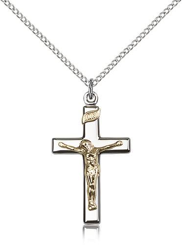 Crucifix Pendant, Two-Tone - 18&quot; 1.2mm Sterling Silver Chain + Clasp