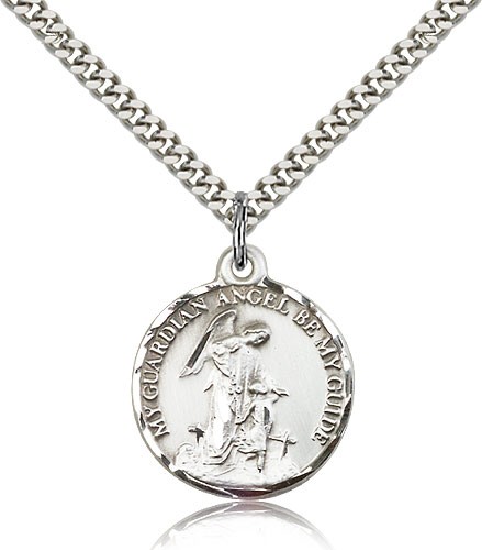 Guardian Angel Medal, Sterling Silver - 24&quot; 2.4mm Rhodium Plate Endless Chain