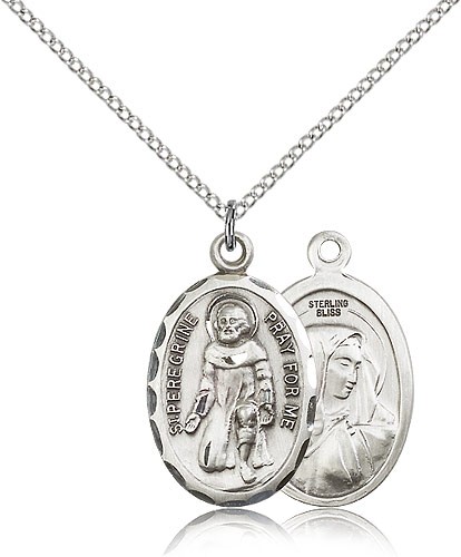 St. Peregrine Medal, Sterling Silver - 18&quot; 1.2mm Sterling Silver Chain + Clasp