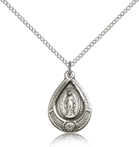 Miraculous Medal, Sterling Silver - 18&quot; 1.2mm Sterling Silver Chain + Clasp