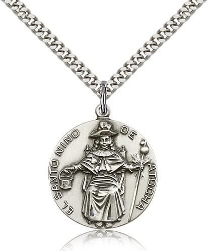 St. Ni&amp;Atilde;&amp;plusmn;o De Atocha Medal, Sterling Silver - 24&quot; 2.4mm Rhodium Plate Endless Chain