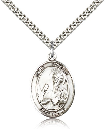 St. Andrew the Apostle Medal, Sterling Silver, Large - 24&quot; 2.4mm Rhodium Plate Chain + Clasp