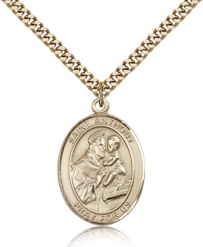 St. Anthony of Padua Medal, Gold Filled, Large - 24&quot; 2.4mm Gold Plated Chain + Clasp