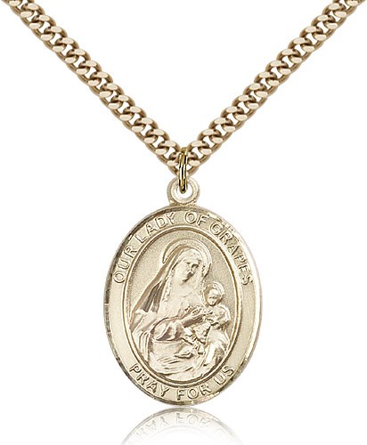 Our Lady of Grapes Medal, Gold Filled, Large - 24&quot; 2.4mm Gold Plated Chain + Clasp