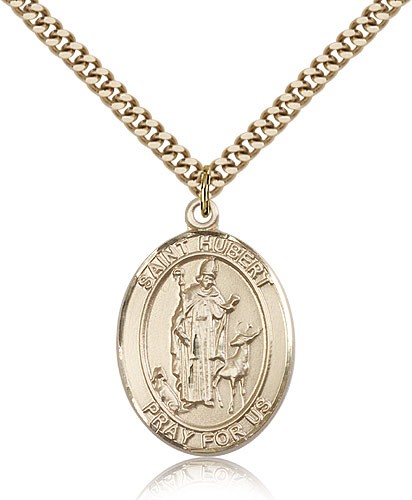 St. Hubert of Liege Medal, Gold Filled, Large - 24&quot; 2.4mm Gold Plated Chain + Clasp