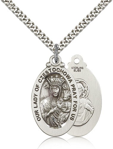 Our Lady of Czestochowa Medal, Sterling Silver - 24&quot; 2.4mm Rhodium Plate Endless Chain