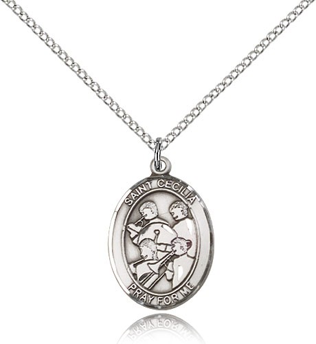 St. Cecilia Marching Band Medal, Sterling Silver, Medium - 18&quot; 1.2mm Sterling Silver Chain + Clasp