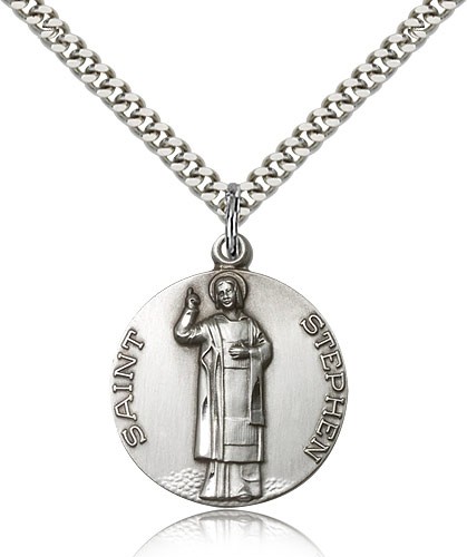 St. Stephen Medal, Sterling Silver - 24&quot; 2.4mm Rhodium Plate Endless Chain