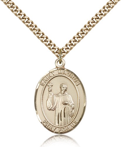 St. Maurus Medal, Gold Filled, Large - 24&quot; 2.4mm Gold Plated Chain + Clasp